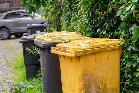 Yellow, black and blue garbage bins installed in a row near a fence in a residential area, waste sorting and storage concept, separate disposal of food waste, paper and plastic packaging,の写真素材