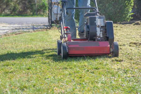 Gardener uses scarifier to remove moss and thatch from lawn improving its health and appearance, Seasonal gardening on a bright sunny spring day, copy space,の写真素材