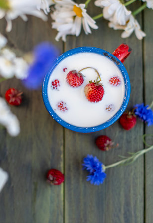 Wild strawberries floating in a blue enamel mug full of milk, placed on a wooden table decorated with daisies and cornflowers, creating a rustic and idyllic breakfast sceneの写真素材