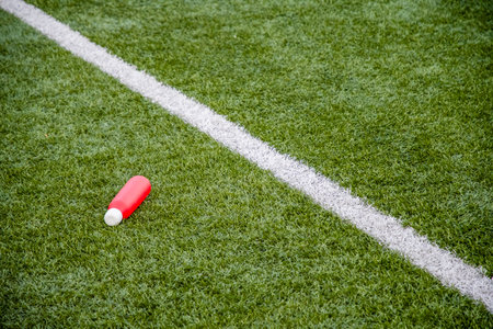 red water bottle lies on the green artificial grass of a football field near the dividing white...