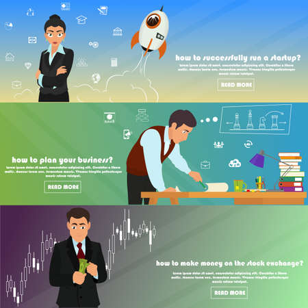 horizontal banners on the theme: business, investment, start-up, management, start-up projects, strategy and planning, forex, exchange, make money. vector illustration.のイラスト素材