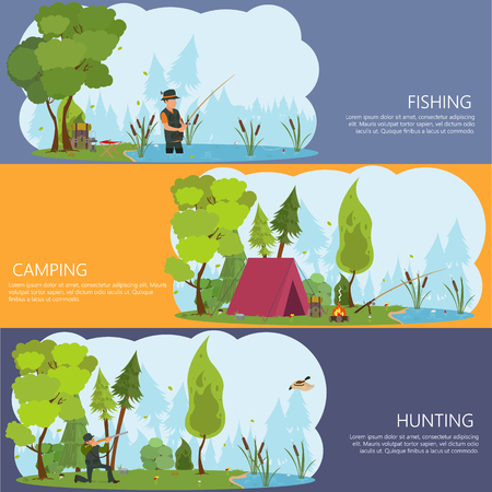 horizontal banners on the theme of man's recreation: hunting, fishing, hiking, camping.のイラスト素材