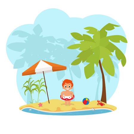 little boy with a circle on the beach.のイラスト素材
