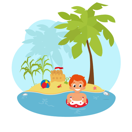 little boy with a circle on the beach.のイラスト素材