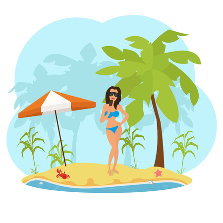 woman in a swimsuit on the beach eating ice cream.のイラスト素材