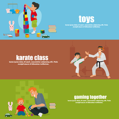 isolated horizontal banners: toy, karate class, play together. illustration.のイラスト素材