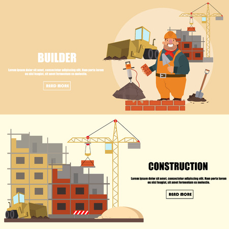 Engineer construction industrial factory manufacturing workers flat banner set isolated illustrationのイラスト素材