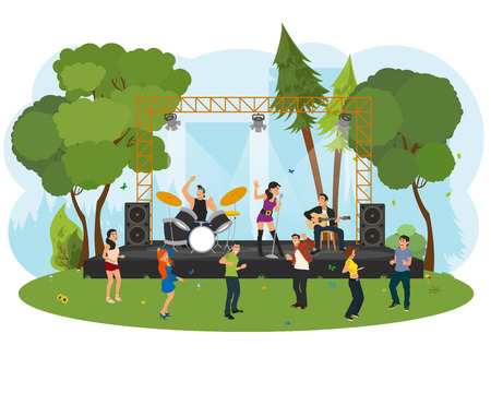 music concert in the park. outdoor music festival. People dancing in the city park at the concert. vectorのイラスト素材