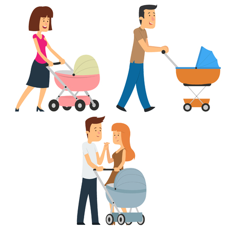 Parents walking with a stroller. vector illustrationのイラスト素材