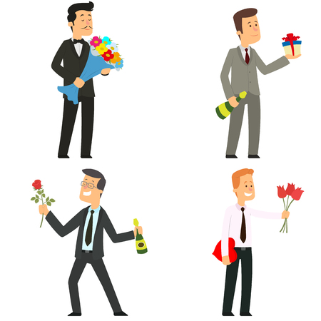 men give flowers, gifts and candies. vector illustration.のイラスト素材