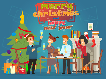 People Celebrate Merry Christmas And Happy New Year Men And Women Wear Santa Hats Holiday Eve Party Concept Flat Vector Illustrationのイラスト素材