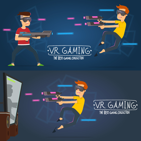 boy using V.R. headset for play a computer game and education in 3d virtual reality world. vector bannerのイラスト素材