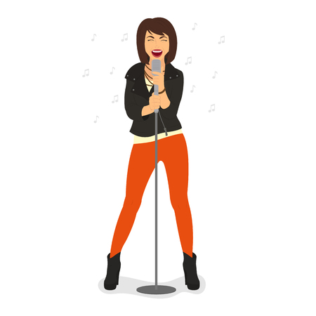 young beautiful girl sings a song into the microphone. isolated vector illustration.のイラスト素材