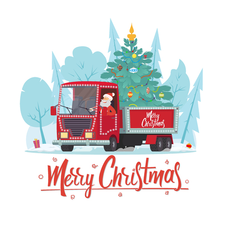 Santa Claus is a truck driver with a Christmas tree. Christmas greeting card - background - poster. Vector illustration.のイラスト素材
