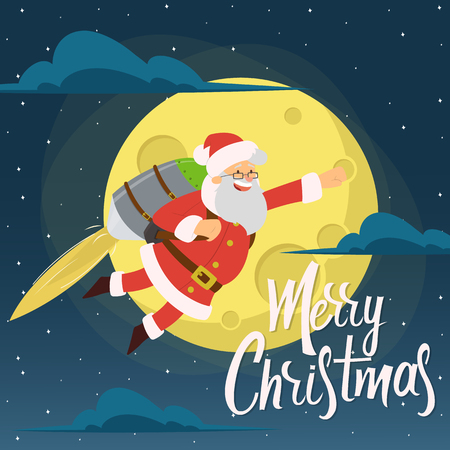 Santa Claus is flying on jetpacks, Merry Christmas And Happy New Year Banner Flat Vector Illustrationのイラスト素材