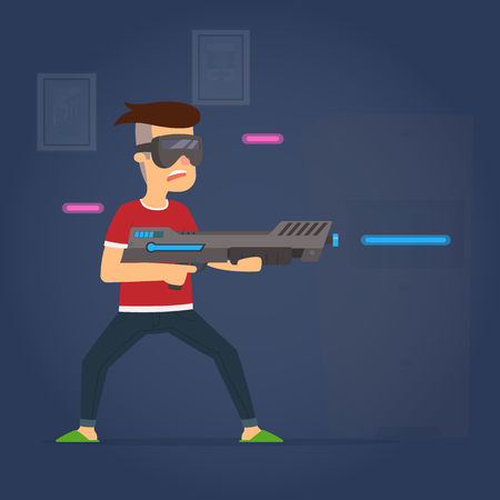 The boy uses virtual reality glasses to play active games. vector illustration.のイラスト素材