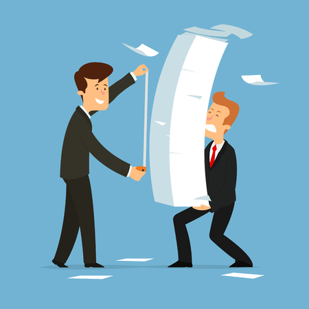 businessman measures the amount of paper work. Paperwork burden stress. Flat style vector illustration.のイラスト素材