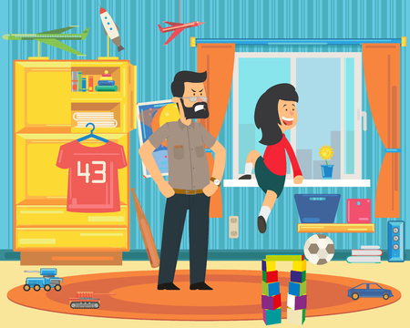 The child is playing dangerously. Dad forbids the girl to climb out the window. vector illustrationのイラスト素材