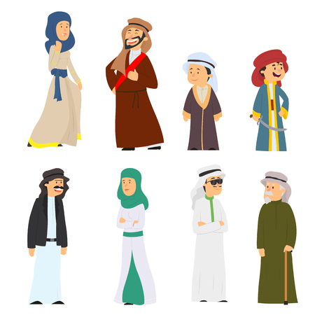 set of Arab people in national costumes isolated on white background. vector illustration.のイラスト素材