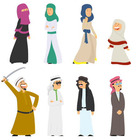 set of Arab people in national costumes isolated on white background. vector illustration.のイラスト素材