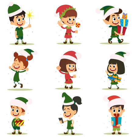 Set of elves kids cartoon character. Vector icons isolated on white background.のイラスト素材