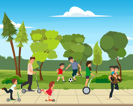 Park activities vector illustration. children play in the park with their parents.のイラスト素材