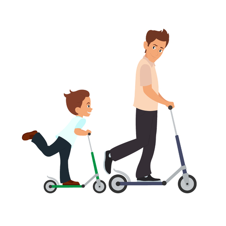 dad and son skate on scooters. vector illustration isolated on white background.のイラスト素材