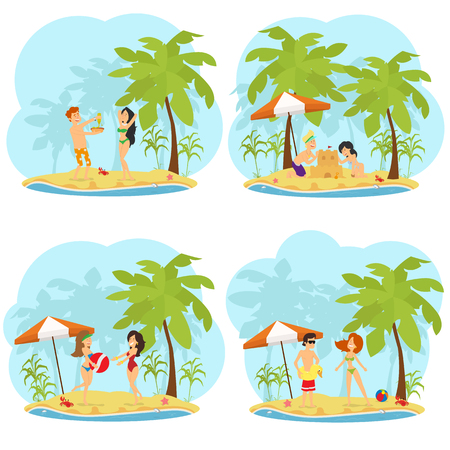 people rest, sunbathe and have fun on the beach. vector illustrationのイラスト素材