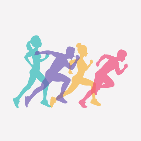 running people set of silhouettes, sport and activity background. vector illustration isolated on white backgroundのイラスト素材