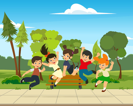 happy kids jumping and rejoicing isolated on white background.Concept of happiness, gladness and fun. Vector illustration for banner, poster, website, invitation.のイラスト素材