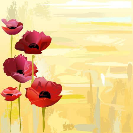 Painted poppies over yellow backgroundのイラスト素材