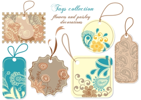 Tags collection; paisley and flowers decorationsのイラスト素材