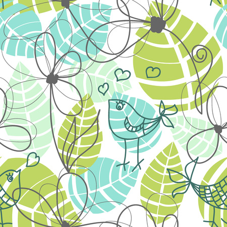 Flowers, leaves and love birds seamless pattern のイラスト素材