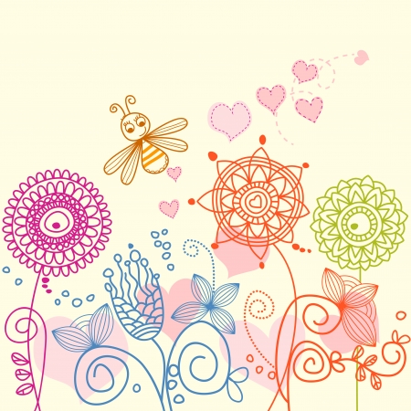 Garden love story: cartoon bee and flowers のイラスト素材