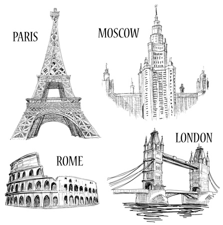 European cities symbols sketch: Paris (Eiffel Tower), London (London Bridge), Rome (Colosseum), Moscow (Lomonosov University) のイラスト素材