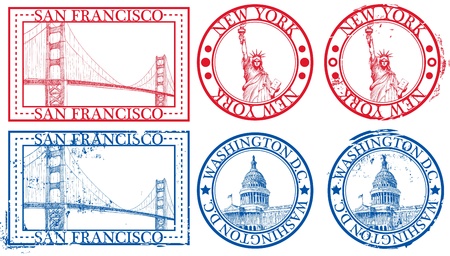 USA famous cities stamps with symbols: New York (Statue of Liberty), San Francisco (Golden Gate), Washington D.C. (United States Capitol) のイラスト素材