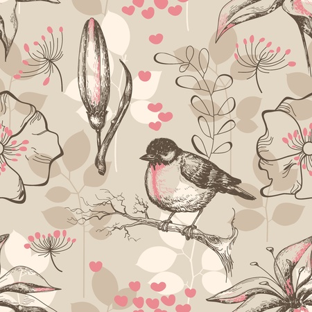 Vintage romantic seamless pattern with bird and lilies のイラスト素材