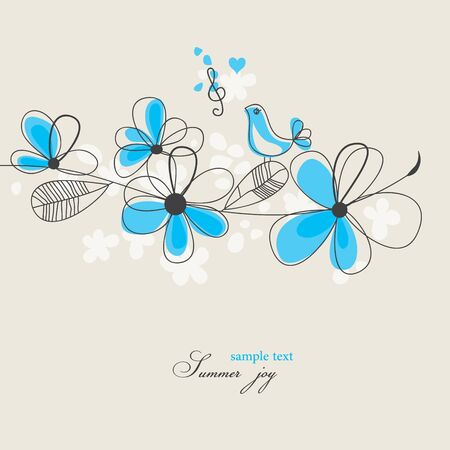 Summer joy: blooming tree branch and singing bird のイラスト素材