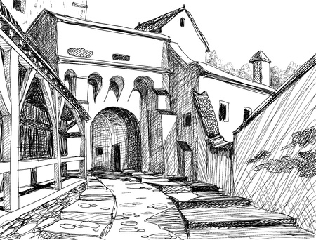 Medieval citadel sketch; this is the main entrance in the Schasburg citadel where Vlad Dracul (the father of legendary Dracula) lived for a while のイラスト素材
