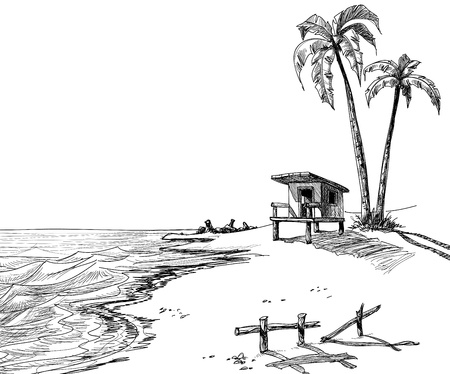 Summer beach sketch with palm trees and lifeguard stand のイラスト素材