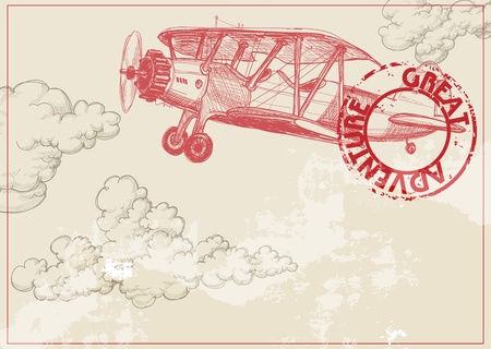 Vintage paper background with plane and clouds のイラスト素材