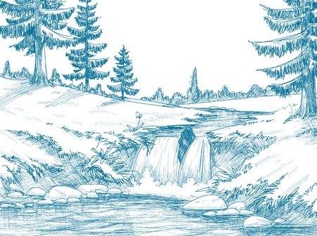 Mountain river pencil drawingのイラスト素材