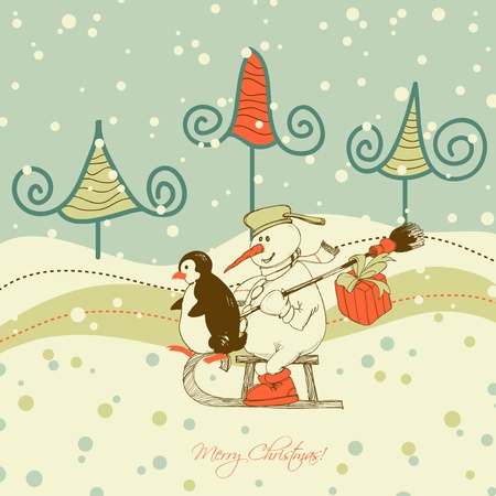 Cute Christmas greeting card, winter scene のイラスト素材