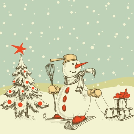 Winter scene Christmas tree and funny snowman のイラスト素材