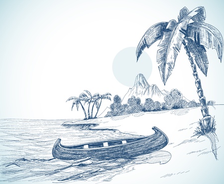 Beach with boat on shore, palm trees and volcano in the backgroundのイラスト素材