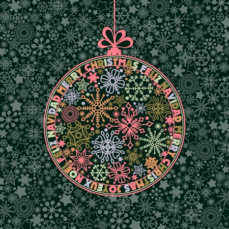 Christmas ball of snowflakes mosaic and round text wishes in different languages のイラスト素材