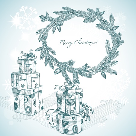 Christmas hand drawn gifts and fir tree wreath のイラスト素材