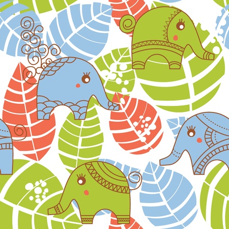 Colorful jungle seamless pattern with elephantsのイラスト素材