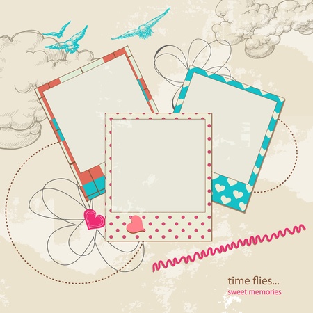 Retro scrap template, sky background and photo frames 