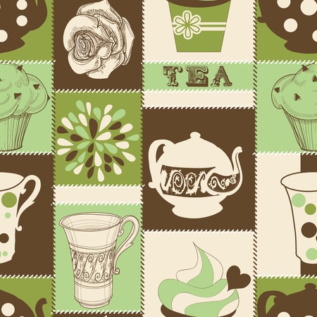 Retro tea and cupcake seamless patternのイラスト素材